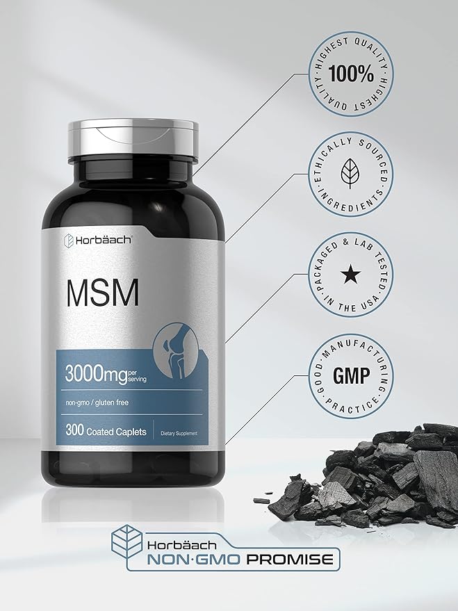 Horbäach MSM Supplement | 3000mg | 300 Coated Caplets | Methylsulfonylmethane with Calcium | Vegetarian Non-GMO Gluten Free