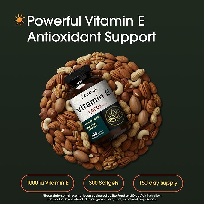 NatureBell Vitamin E 1000 IU Per Serving - 300 Softgels - Antioxidant Supplement for Skin Heart &amp Brain Health Support - High Bioavailability* - Gluten-Free &amp Non-GMO