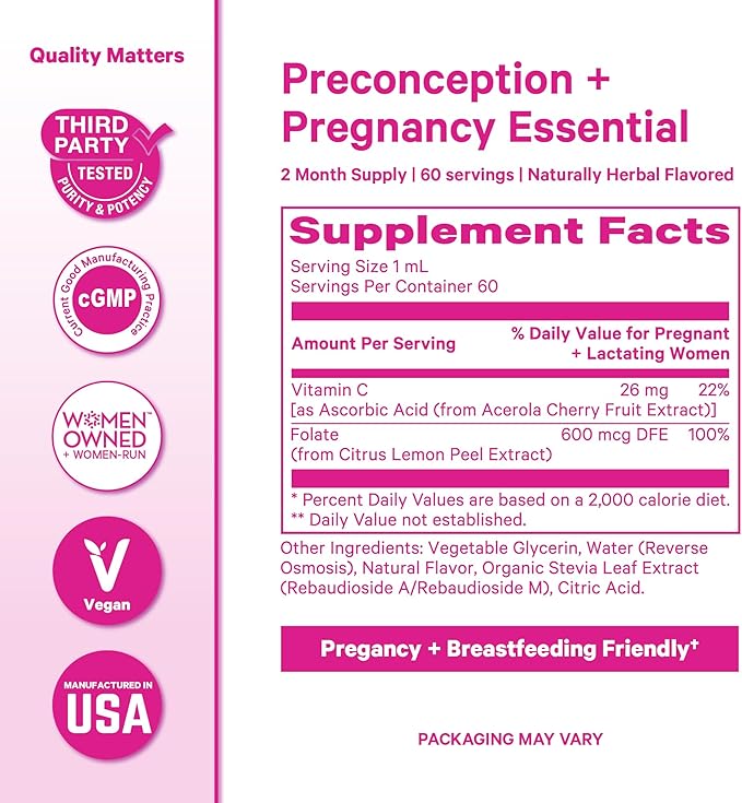 Pink Stork Liquid Folate Drops – 5-MTHF Methylfolate B9 Vitamin | Liquid Folic Acid Alternative for Women | Prenatal Folate Non-GMO Vegan Sublingual Methylfolate Supplement | 2 fl oz