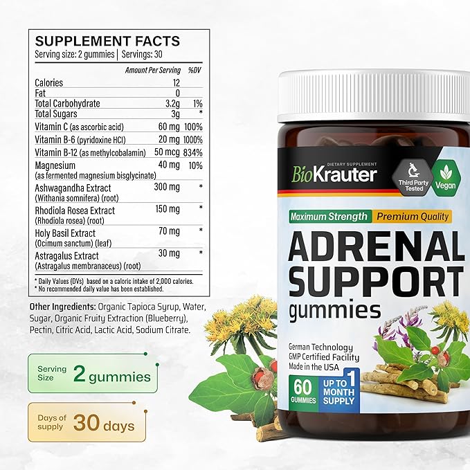 BIO KRAUTER® 8-in-1 Adrenal Support Supplements with Vitamin С B6 B12 - Natural Adrenal Complex with Magnesium Ashwagandha Rhodiola Rosea for Relax &amp Mood Support - 60 Gummies Non-GMO