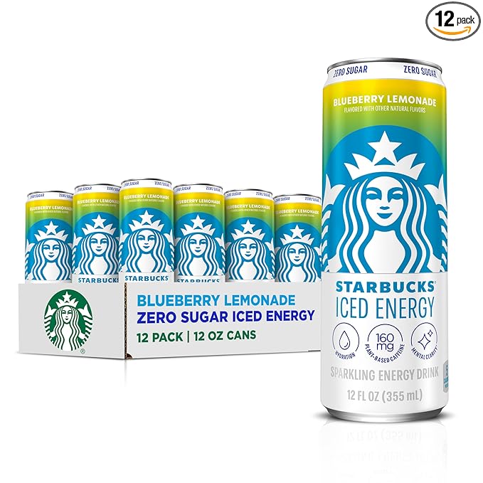 Starbucks Iced Energy Drink Blueberry Lemonade Zero Sugar Energy Drink Plant Based Caffeine Hydration Mental Clarity 12 Fl Oz Cans (Pack of 12)