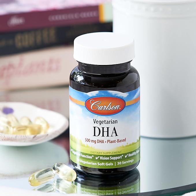 Carlson - Vegetarian DHA 500 mg DHA Plant Based Sustainably Sourced from Algae Brain Support Mood Health 30 Softgels