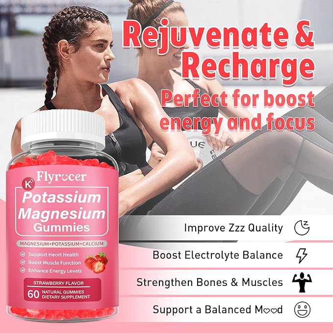 2 Pack Potassium Magnesium Gummies for Men &amp Women Potassium Magnesium Supplement for Leg Cramps Muscle Health &amp Electrolyte Balance Strawberry Flavor 120 Gummies