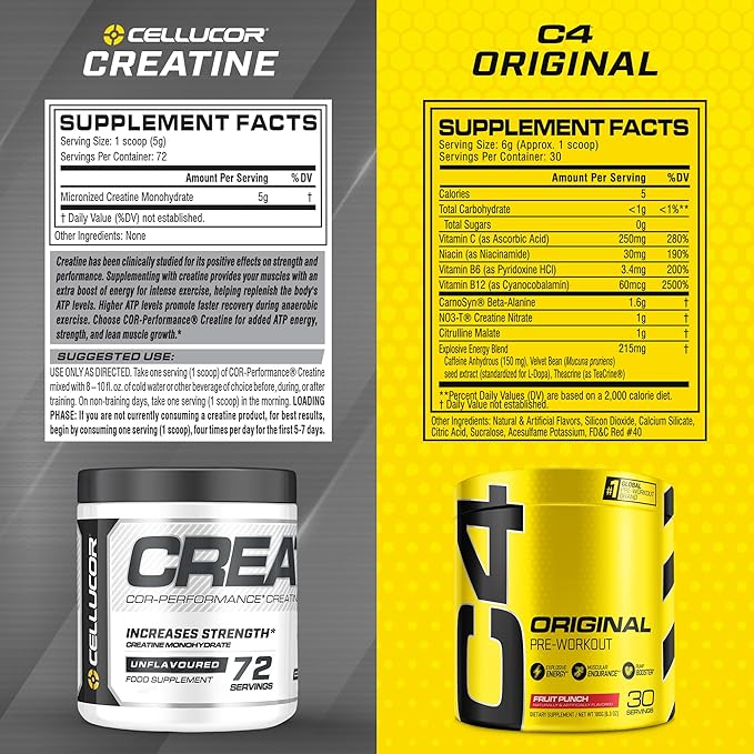 Cellucor Pre Workout &amp Creatine Bundle C4 Original Pre Workout Powder Fruit Punch 30 Servings + Cor Performance Creatine Powder 72 Servings