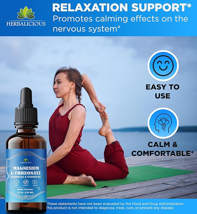HERBALICIOUS Magnesium Complex Liquid with Vitamin D3 &amp B6 – High Absorption Citrate Glycinate &amp L-Threonate – Supports Energy Mood Relaxation Bone Health &amp Immunity – 4 oz Liquid Drop