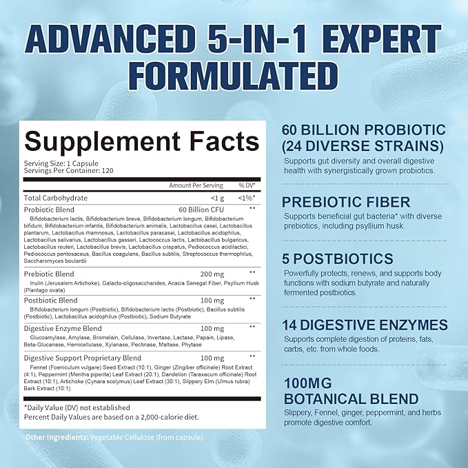 Totaria (2 Packs) 5-in-1 Probiotic Prebiotic &amp Postbiotic for Women Men 60 Billion CFU 24 Strains w/Digestive Enzymes Slippery Elm Daily Complete Gut Health Digestive &amp Immune Support