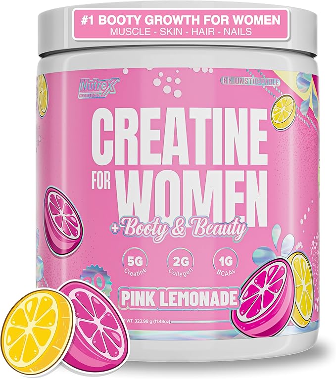 Nutrex Research Creatine for Women Booty &amp Beauty – Pink Lemonade | 5g Creatine 2g Collagen BCAAs &amp Hyaluronic Acid | Gluten Free 30 Servings