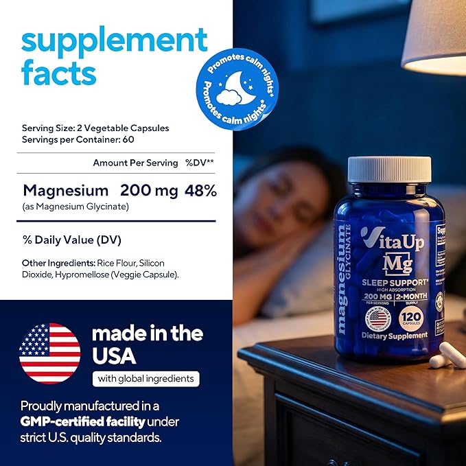 VitaUp Magnesium Glycinate 200mg - USA Made Highly Absorbed Non-GMO Magnesium for Relaxation Deep Sleep Bones &amp Heart - 200mg per Serving 120 Vegan Capsules