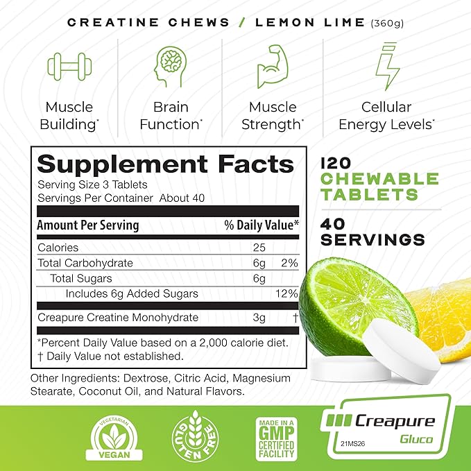 Muscle Feast Creatine Monohydrate Chewables - Vegan &amp Gluten-Free Creapure Creatine Chews for Men &amp Women - Delicious Citrus-Flavored Creatine Tablets for Muscle Building - Lemon Lime 120 Tab