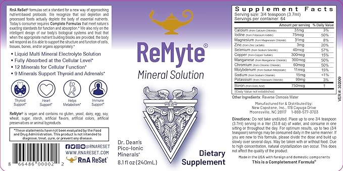 RnA ReSet ReMyte – Electrolyte Mineral Solution with Magnesium Iodine Selenium &amp Zinc 8.1 Fl Oz (1-Pack) NSF Certified