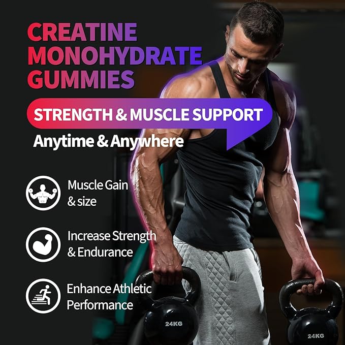 Creatine Monohydrate Gummies 8000 mg for Men &amp Women Creatine Supplement for Enhanced Muscle Growth Energy Boost - with L-Taurine Sugar Free Vegan Raspberry BlackBerry Blueberry Flavor-120 Co