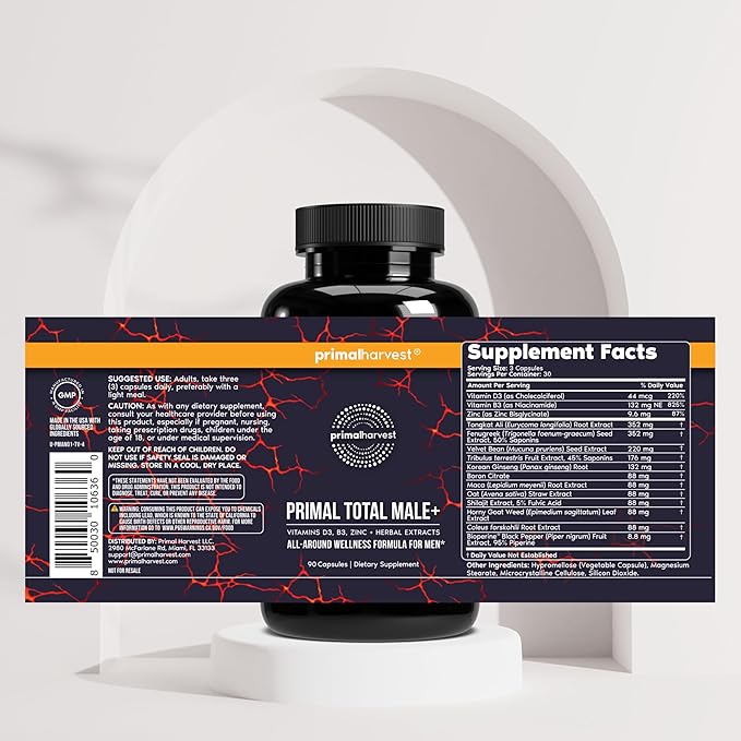 Primal Creatine Powder + Total Male+ Supplement Bundle | 2-Pack | Strength Energy &amp Vitality Support | 30 Servings Each
