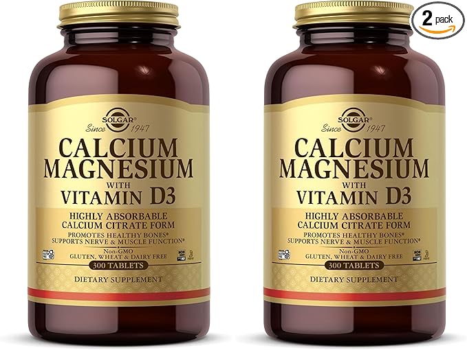 Solgar Calcium Magnesium with Vitamin D3 300 Tablets - Promotes Healthy Bones Supports Nerve &amp Muscle Function - Highly Absorbable Form - Non-GMO and Gluten Free - 60 Servings (Pack of 2)