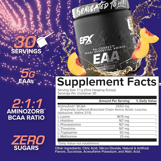 EFX Sports Training Ground EAA | Essential Amino Acids Supplement | Energy &amp Protein Synthesis | Pre Intra or Post Workout | 30 Servings (Georgia Peach)