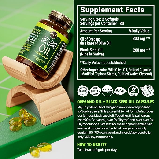 MAJU Oregano Capsules w/Black Seed Oil 2-in-1 Softgel Oil of Oregano Potent 90%+ Carvacrol High Thymoquinone 60 Count 500mg per Serving Wild Oregano and Black Seeds