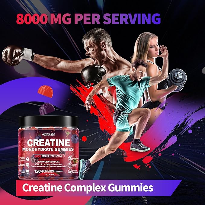 Creatine Monohydrate Gummies 8000 mg for Men &amp Women Creatine Supplement for Enhanced Muscle Growth Energy Boost - with L-Taurine Sugar Free Vegan Raspberry BlackBerry Blueberry Flavor-120 Co