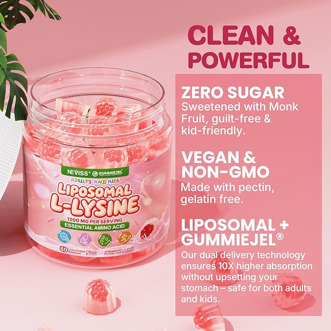 Liposomal L-Lysine Gummies 1200mg | High Absorption Immune &amp Skin Support | Vegan Amino Acid Supplement for Adults &amp Kids | Lips &amp Oral Bone &amp Collagen Health | Non-GMO Sugar-Free 6