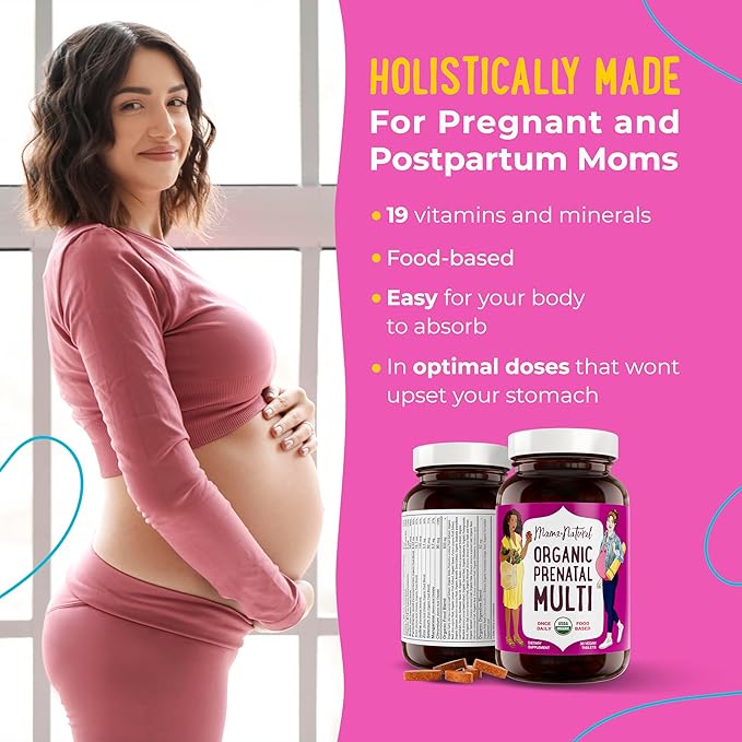 Mama Natural Organic Prenatal Vitamins for Women Vegan (30 Servings) | One A Day Prenatal Vitamins for Pregnant Women | Food Based Non-GMO &amp Gluten-Free - Pre Natal Multivitamin with Folate