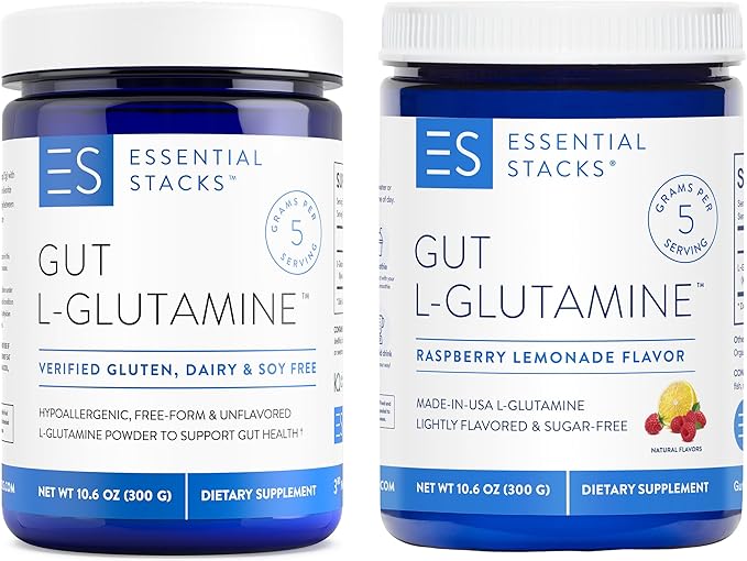 Essential Stacks L-Glutamine Powder Bundle - Unflavored &amp Raspberry Lemonade Flavor
