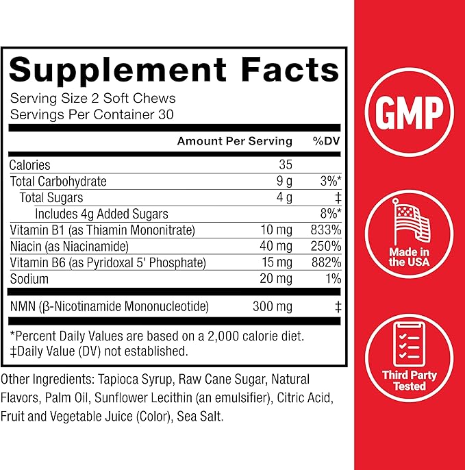 Force Factor NMN Longevity &amp Anti-Aging Nicotinamide Mononucleotide NAD+ Support Cellular Health Cellular Repair Energy Metabolism Strawberry 60 Soft Chews