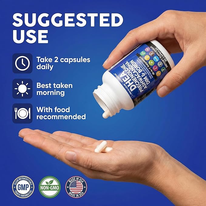 DHEA 200mg Supplement Pregnenolone 100mg for Men &amp Women with DIM Ashwagandha Boron 6mg Complex Calcium Magnesium Zinc 50mg Vitamin D3 5000 IU Hormone Support Capsules Pills Made in USA 60 Count
