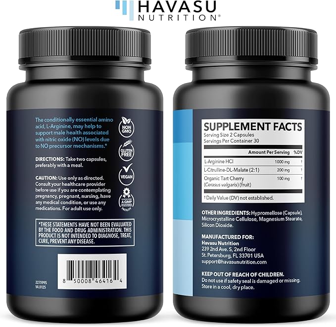 L-Arginine Capsules with L-Citrulline - Nitric Oxide Supplement - L Arginine and L Citrulline Blend - 60 Count - Vegan Non-GMO Capsules for Performance Endurance and Muscle Support - 1 Month Supply