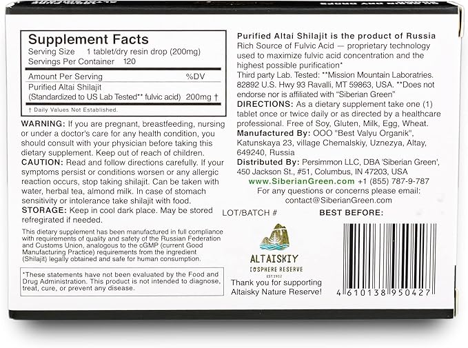 Siberian Green Premium Pure Shilajit Dry Drops Altai Golden Mountains - 120 Count (200 mg) Authentic Safety &amp Quality Certificate - US Lab Tested Fulvic Acid