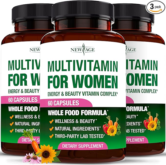 NEW AGE Multivitamin for Women - B-Complex Whole Foods Hair Support Iron - All in1 Womens Multivitamin - Bioavailable &amp Gentle on Stomach - Made in USA - 180 Count