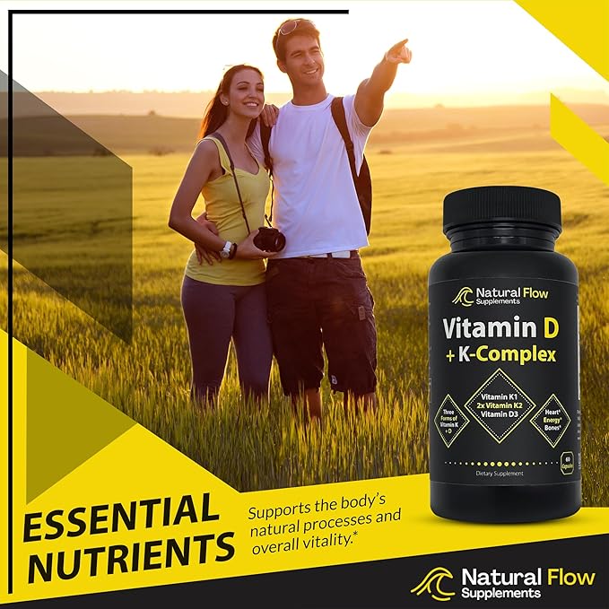 Vitamin D3 with K2 and K1 Supplement - Natural Flow Vitamin D3 and K Complex D3 5000iu with Vitamin K2 MK4 + MK7 and K1 for Bone Heart and Immune Support - 60 Capsules