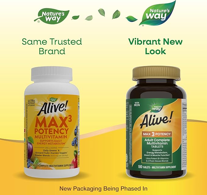 Nature's Way Alive! Max3 Potency Daily Multivitamin Methylated B12 and Folate Ultra Potency B-vitamins to Support Energy Metabolism* 180 Tablets