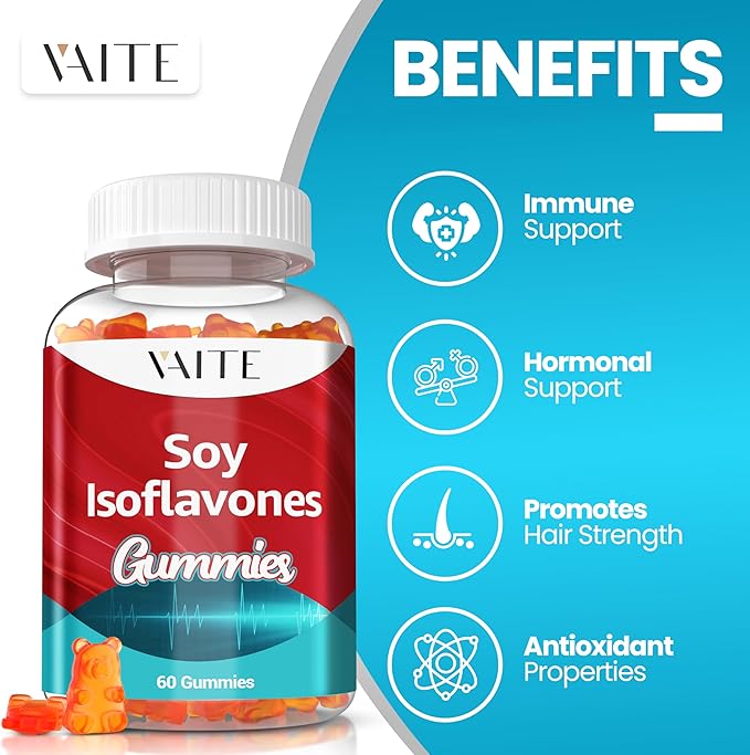 Soy Isoflavones Supplement for Women – Non-GMO Phytoestrogens for Menopause Relief Hot Flashes Hormonal Balance Genistein Soy with Isoflavones Bone Health Support – 60 Vegan Chewable Gummies
