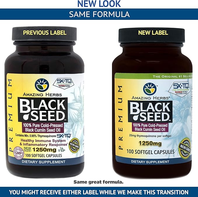 Amazing Herbs Black Seed Oil Pills 1250mg 100 Softgel Capsules - Cold-Pressed | Non GMO