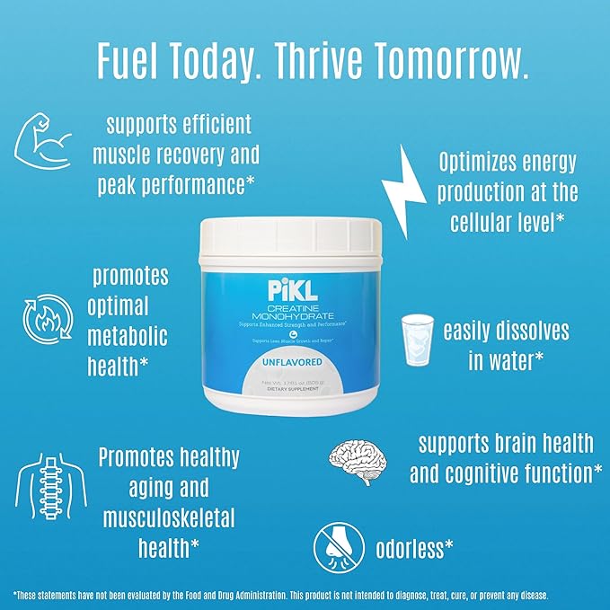 PiKL Creatine Monohydrate Powder | Micronized &amp Unflavored | 5g Scoop | 100 Servings | Clean Creatine for Strength | Workout Supplement for Pickleball Players