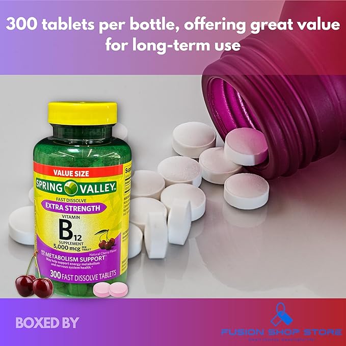 B12 Vitamins 5000mcg- Methylcobalamin Extra Strength Fast Dissolve Tablets Cherry Flavor 300 ct (Pack of 1) Boxed by Fusion Shop Store