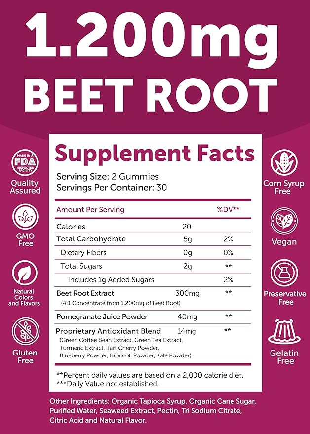 Lunakai USA Made Beet Root Gummies with Antioxidant Blend - Delicious Non-GMO Beet Chews 60ct