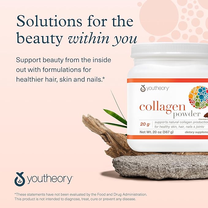 Youtheory Collagen Powder - 20 g Hydrolyzed Collagen Peptides - with Vitamin C Biotin &amp Amino Acids - Supports Joint &amp Bone Health* - Chocolate - 20 oz (21-Day Supply)