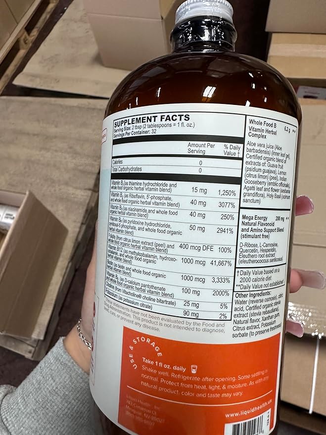LIQUIDHEALTH Mega Energy Methylated B-Complex Adult Liquid Vitamin Supplement - Increase Energy Relieve Stress &amp Fatigue Immune Support Heart &amp Gut Health - Made in USA Vegan Sugar-Free