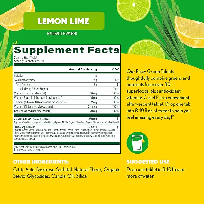Amazing Grass Effervescent Tablets: Green Superfood Water Flavoring Tablet with Antioxidants &amp Alkalizing Greens Lemon Lime 60 Count