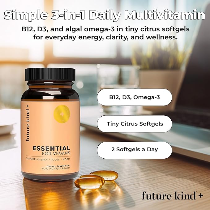 Future Kind 3 in 1 Daily Multivitamin - for Energy Clarity Active Wellness Support with B12 D3 and Algal Omega-3 - Essential Vegan Multivitamin for Women &amp Men - Tiny Citrus Softgels (60 Count