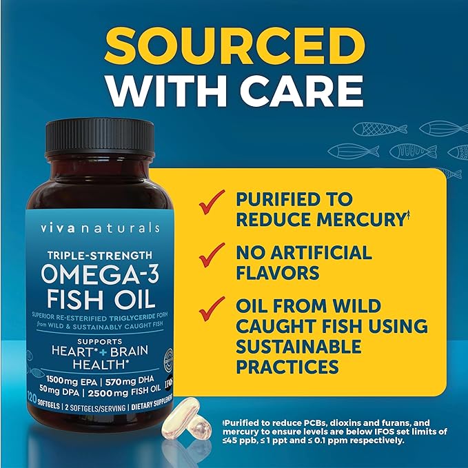 Viva Naturals Omega 3 Fish Oil Supplement for Women and Men - 2500 mg Triple Strength Fish Oil Pills with Re-Esterified Omega 3 Fatty Acids Including EPA DHA DPA - 120 Pescatarian-Friendly Softgels