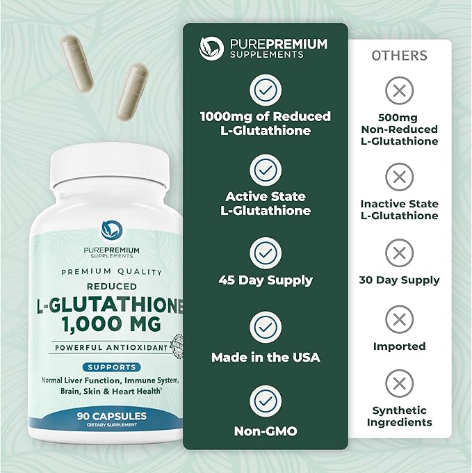 PurePremium Reduced Glutathione 1000mg per Serving – 98% Purity – L-Glutathione Supplement 500mg per Capsule – Antioxidant Supplement for Liver Detox Skin Brain &amp Immune Support – 45-Day Supply