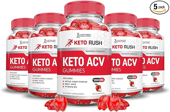 (5 Pack) Keto Rush Keto ACV Gummies Advanced Formula 1000MG Keto Rush Keto Gummies Apple Cider Vinegar Boost Formulated with Pomegranate Beet Juice Powder B12 Vegan Non GMO 300 Gummys