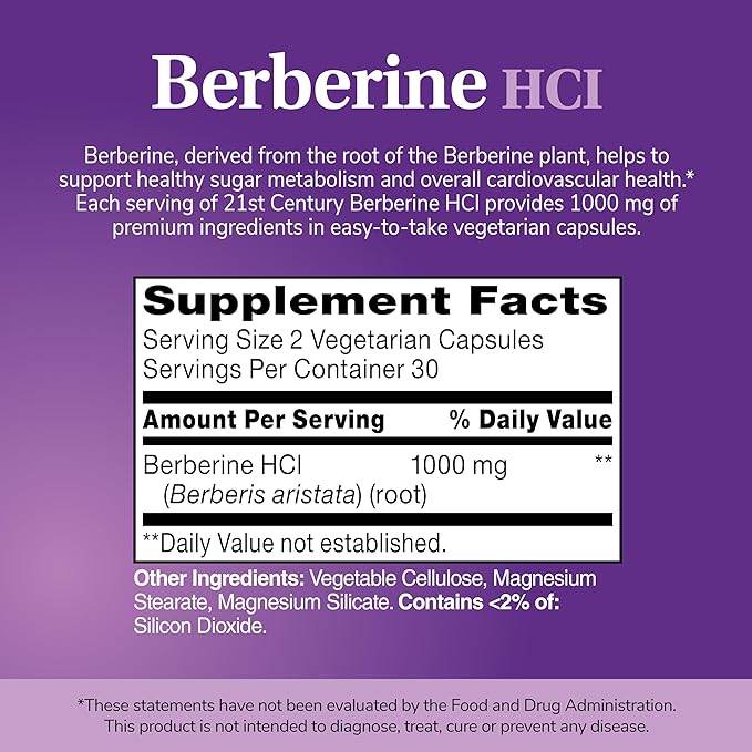 21st Century Berberine HCl 1000 mg Per Serving (60 Count) Helps Support Healthy Sugar Metabolism &amp Cardiovascular Health Vegan Non-GMO Gluten Free Berberine Supplement 30 Servings
