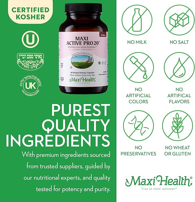 Maxi Health Probiotics for Digestive Health and Gut – 15 Strains 20 Billion CFU Active Organisms - Probiotics for Men and Women – Daily Probiotic for Digestive Support 60 Capsules