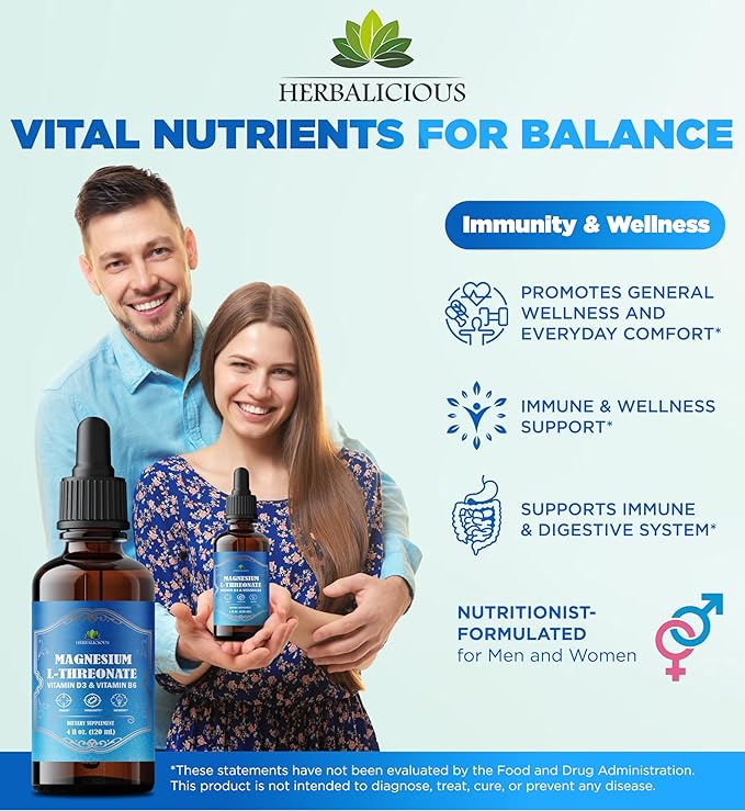 HERBALICIOUS Magnesium Complex Liquid with Vitamin D3 &amp B6 – High Absorption Citrate Glycinate &amp L-Threonate – Supports Energy Mood Relaxation Bone Health &amp Immunity – 4 oz Liquid Drop