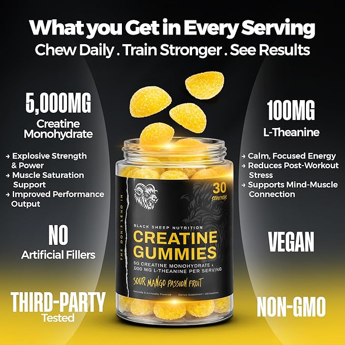 Creatine Gummies for Men &amp Women – Creatine Monohydrate + L-Theanine for Strength Energy &amp Focus – Vegan Non-GMO Gluten Free Made in USA – 120 Count (30 Servings)