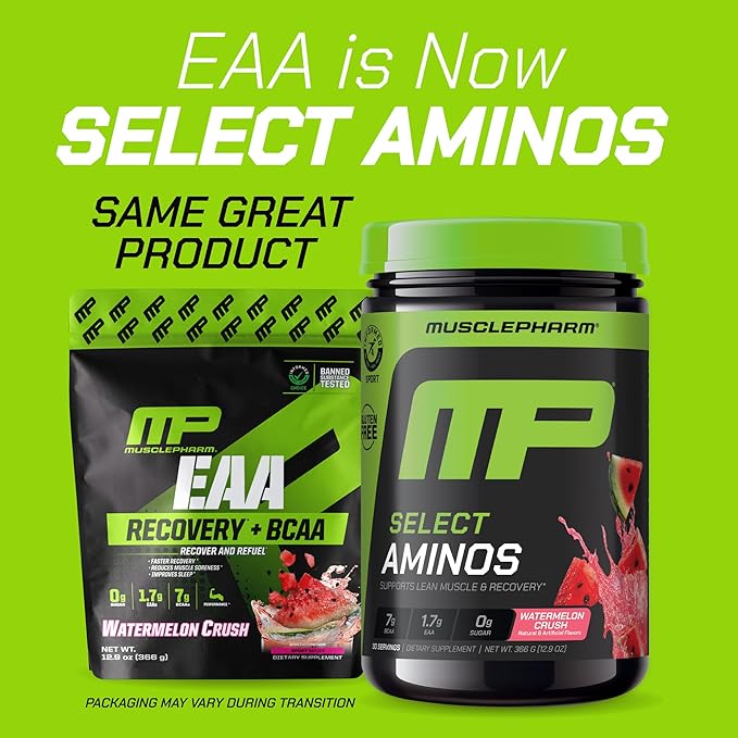 MusclePharm Select Amino's EAA + BCAAs Post Workout Essential Amino Acids Powder Pre Workout Energy Supplement for Men &amp Women with Branched Chain Amino Acids 30 Servings (Watermelon Crush)