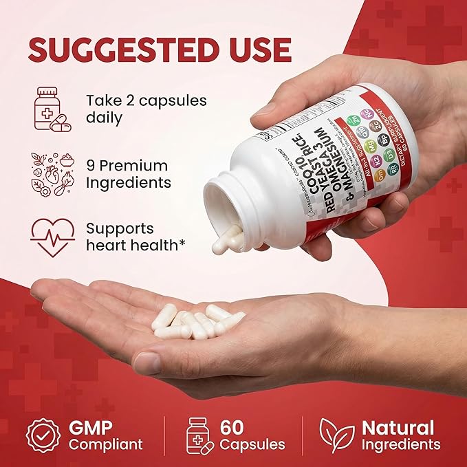 Clean Nutraceuticals COQ10 200mg Red Yeast Rice Omega 3 Magnesium Complex 500mg Niacin Zinc Vitamin K2 D3 - Heart Support Vitamins for Women &amp Men w/Vitamin B3 Coenzyme Q10-60 Ct