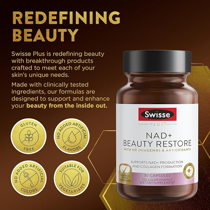 Swisse Plus NAD+ Beauty Restore | Clinically Tested Ingredients | NAD+ Supplement for Men &amp Women | Supports Collagen Formation Skin Elasticity &amp Anti-Aging Supplement | 30 Capsules