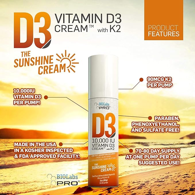 BIOLABS PRO All Natural Vitamin D3 10000IU Vitamin D Cream - Maximum Strength - Fight Vitamin D Deficiency Naturally - with Vitamin K2 &amp Olive Leaf Extract - Safe &amp Effective (10000IU - 3.0oz